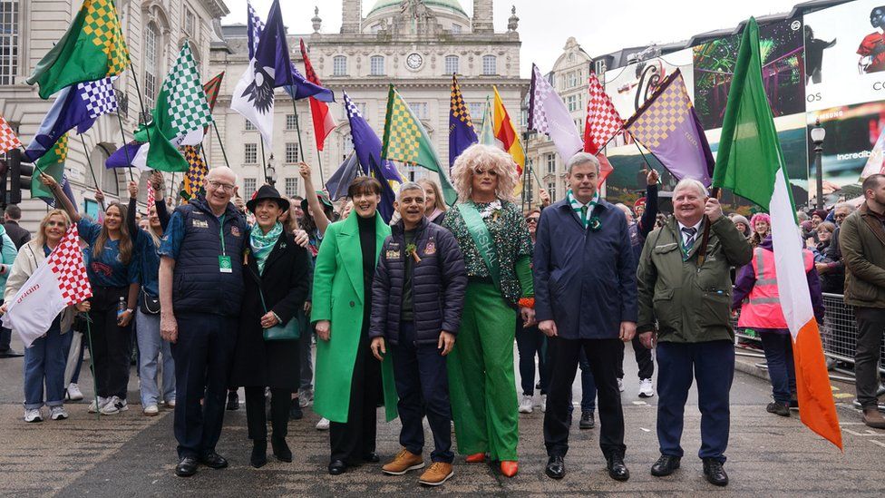 Drag Queen Panti Bliss (second from left) and Mayor of London Sadiq Khan (centre) at the St Patrick's Day Parade in central London.