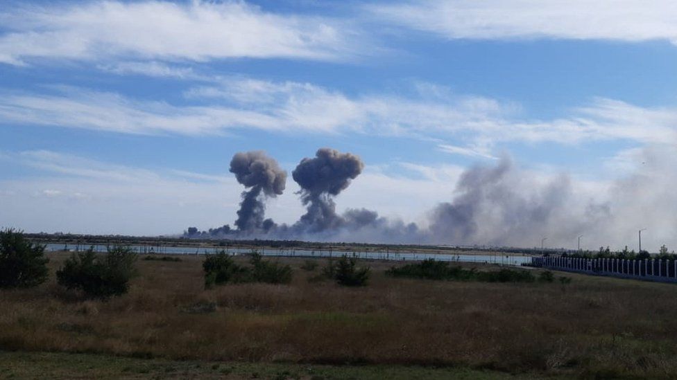 Smoke rises above the Crimean military base