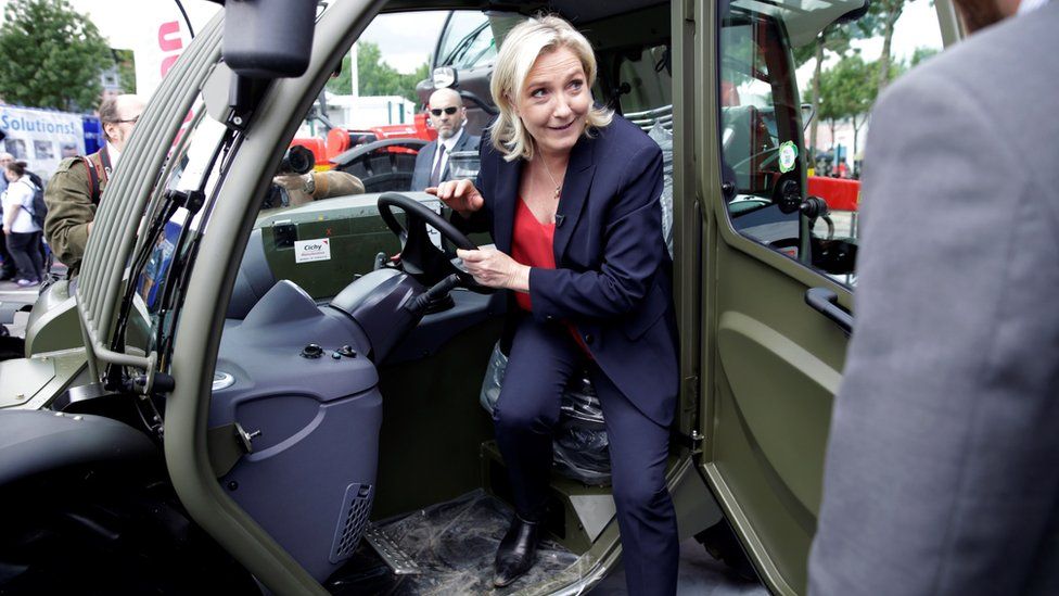 Marine Le Pen visits the Eurosatory 2016 defence and security international exhibition in Villepinte, near Paris, on June 15, 2016.