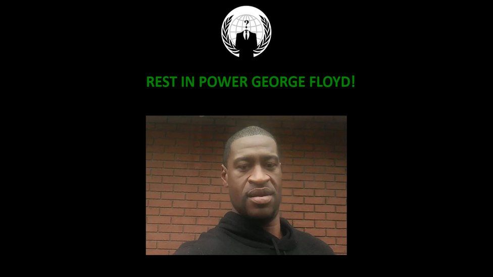 A black page shows the anonymous logo, a photo of George Floyd, and the message "rest in power".