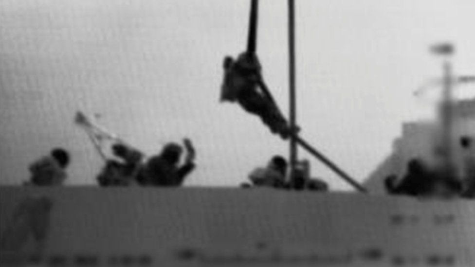 Screengrab of video showing Israeli commando descending rope from helicopter and boarding Mavi Marmara