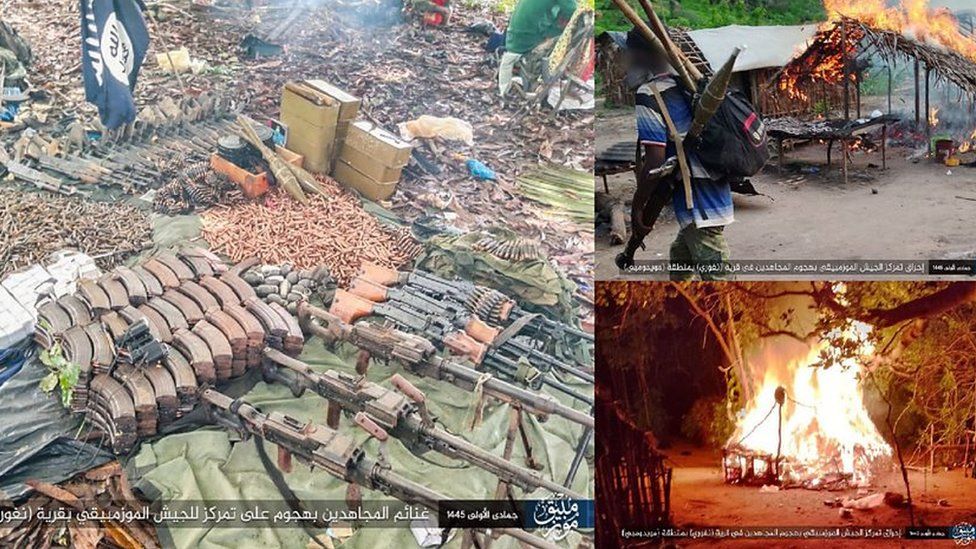 Photos published by the IS of attack on a military base in Mozambique's northern Cabo Delgado province on 6 December