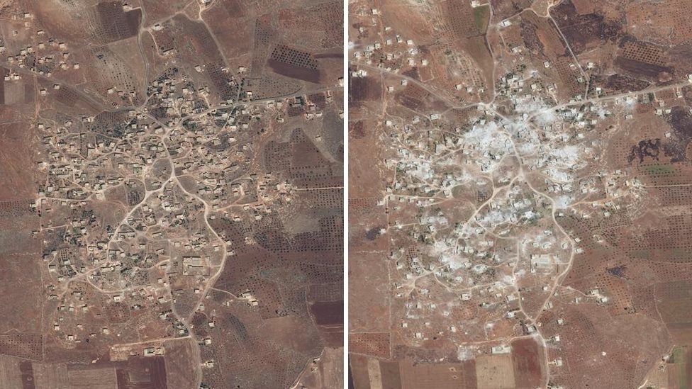 Satellite images from 20 July 2018 (left) and 26 May 2019 (right) showing damaged or destroyed buildings and apparent aerial bombardment in Idlib province, Syria