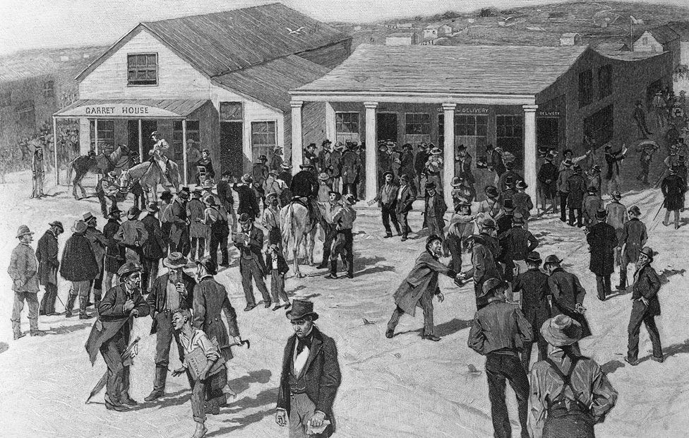 An 1891 woodcut showing prospectors outside the post office in San Francisco during the California gold rush in 1849