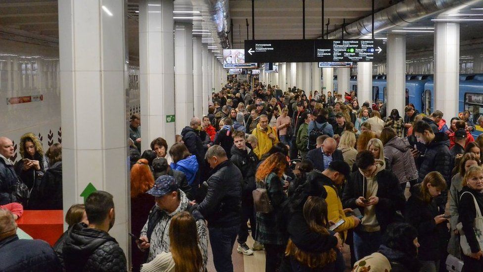 Crowds shelter in metro station in Kyiv