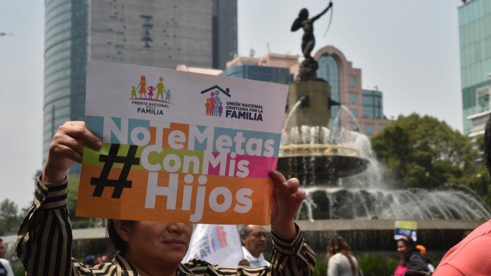 "Don't mess with my children," reads the banner held by a protester in Mexico City