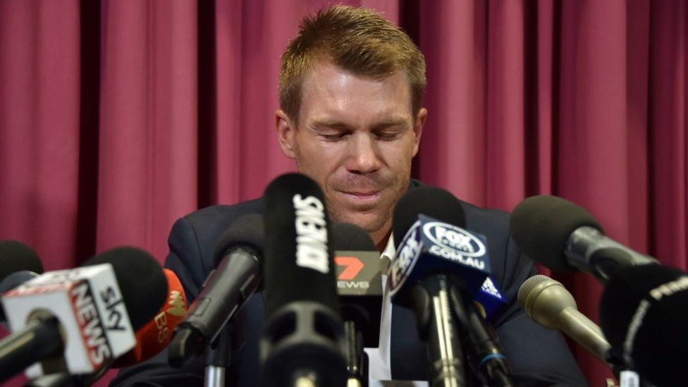 Warner apologising in tears for his role in the 2018 ball-tampering scandal