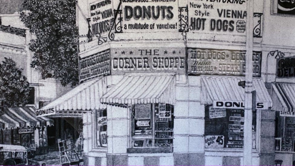 A drawing of Stan's Donuts when it went by the name The Corner Shoppe