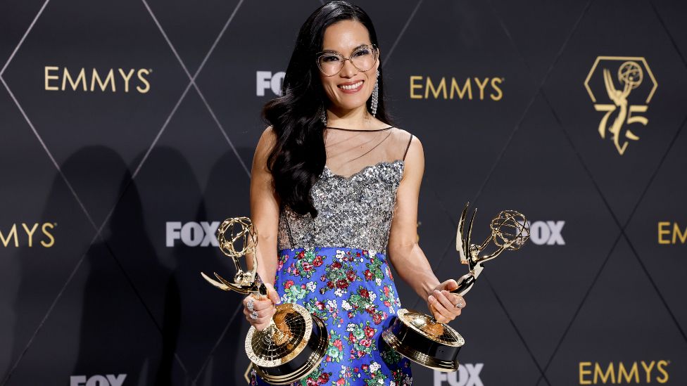 Ali Wong, winner of Outstanding Lead Actress In A Limited Or Anthology Series Or Movie and Outstanding Limited Or Anthology Series for "Beef," poses in the press room during the 75th Primetime Emmy Awards at Peacock Theater on January 15, 2024 in Los Angeles, California
