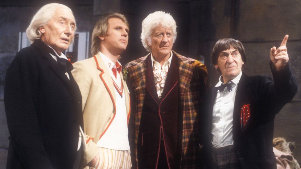 Richard Hurndall, Peter Davison, Jon Pertwee and Patrick Troughton in The Five Doctors