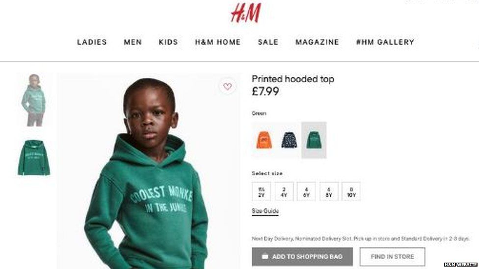 Screengrab of H&M's website showing a child wearing the hoodie with 'coolest monkey in the jungle'on it