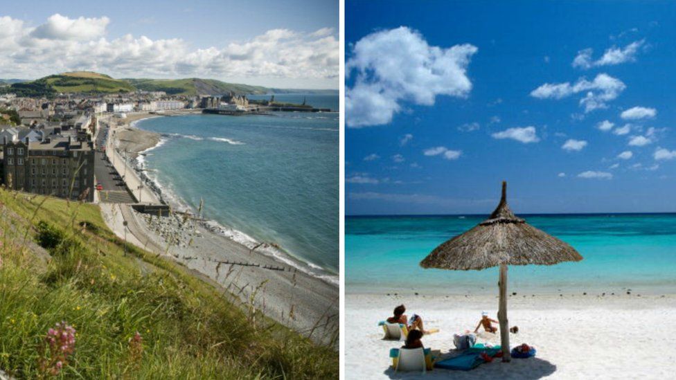 Aberystwyth seafront and a beach on Mauritius