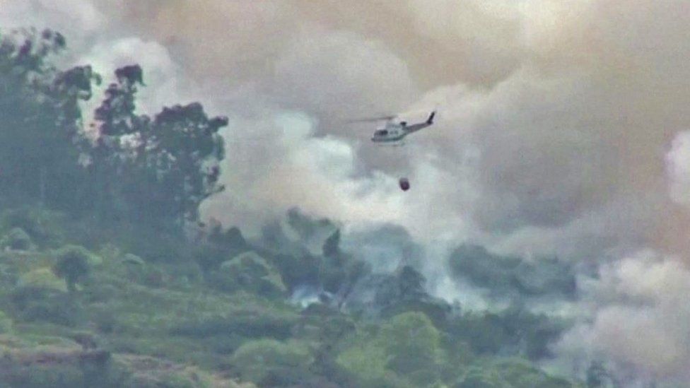 Вертолет, участвовавший в тушении пожара на Тенерифе, пролетает сквозь дым