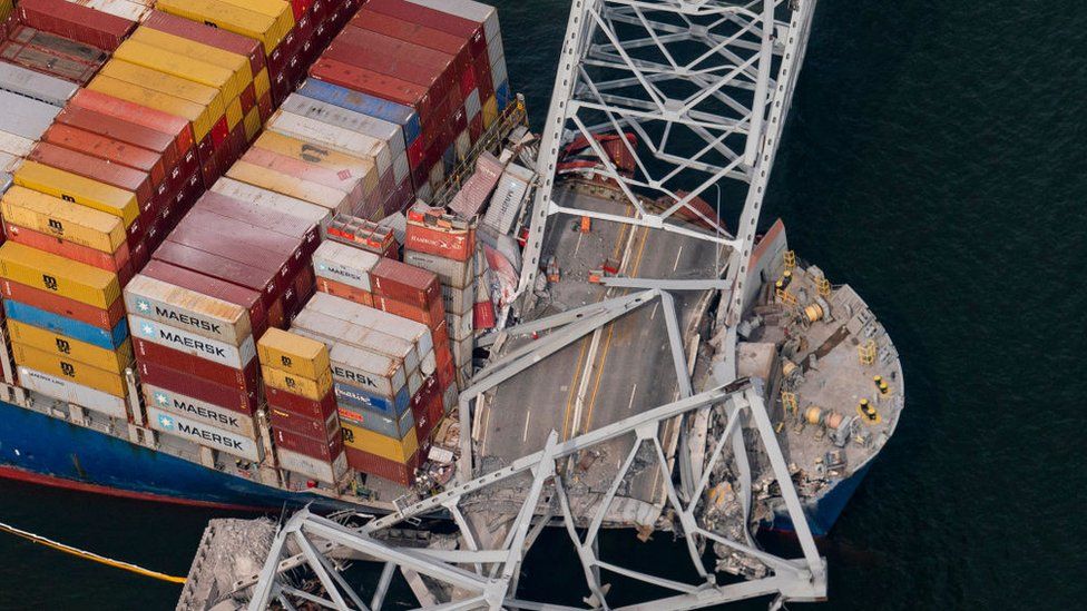 Picture of the Francis Scott Key Bridge lying on top of the cargo ship in the Baltimore port.