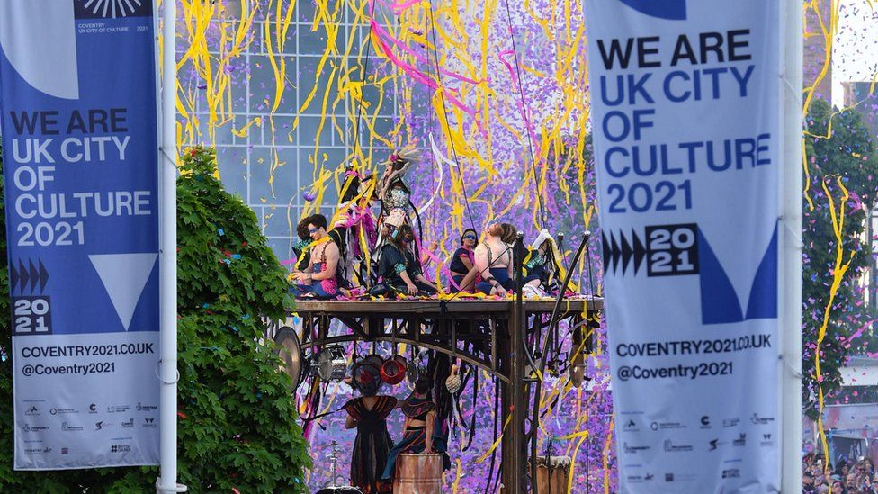 French performers Gratte Ciel perform the World Premiere of 'The Awakening' in Coventry, during a weekend of celebrations to mark the closing of Coventry's tenure as UK City of Culture