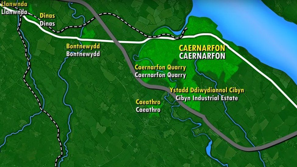 The proposed route of the new Caernarfon bypass