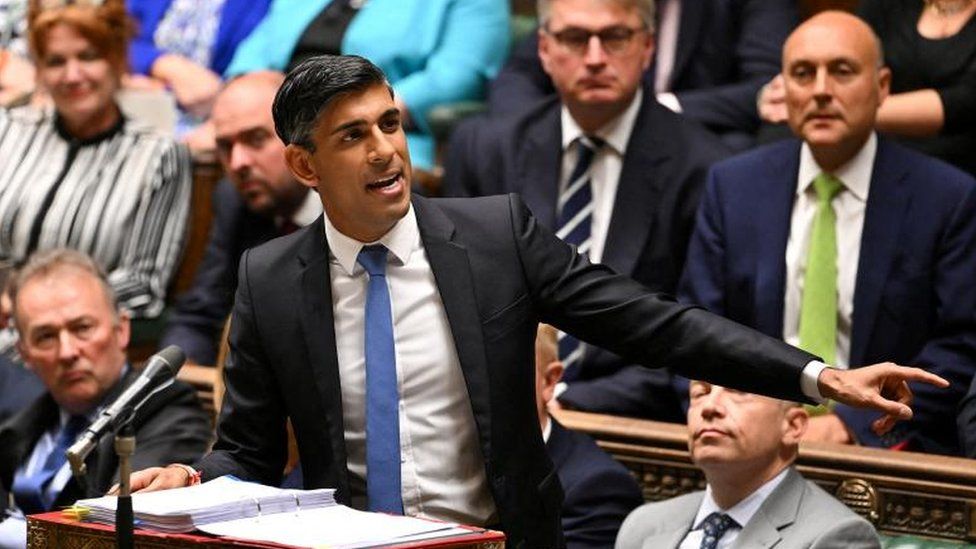 British Prime Minister Rishi Sunak speaks during Prime Minister's Questions, at the House of Commons in London.