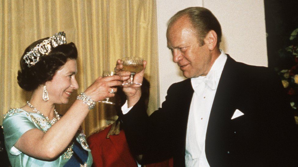 President Gerald Ford toasts Queen Elizabeth II at an American Bicentennial dinner in the Rose Garden