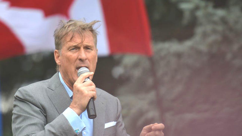 Maxime Bernier, leader of the People's Party of Canada, meets with his supporters at an election rally in Borden Park, Edmonton