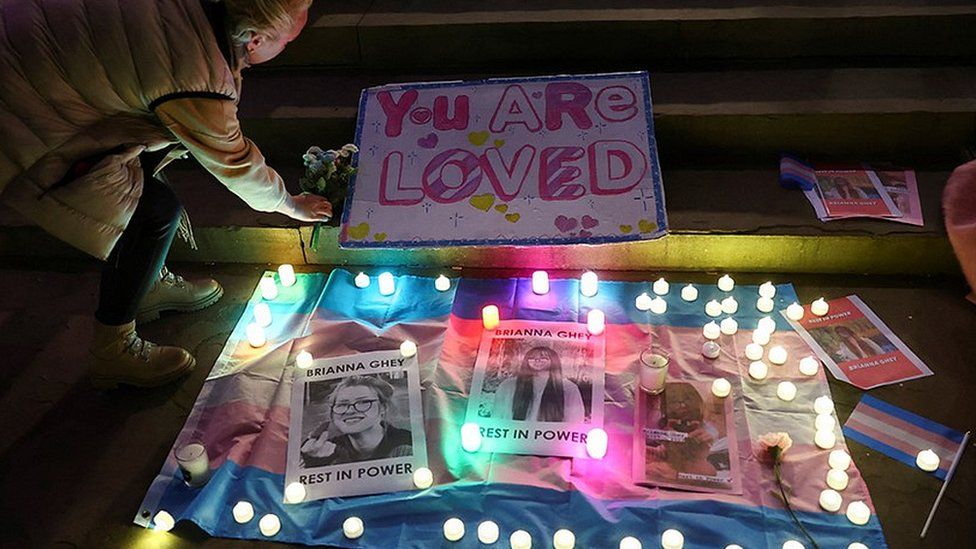 People at a vigil for Brianna Ghey, at St. George's Hall, Liverpool