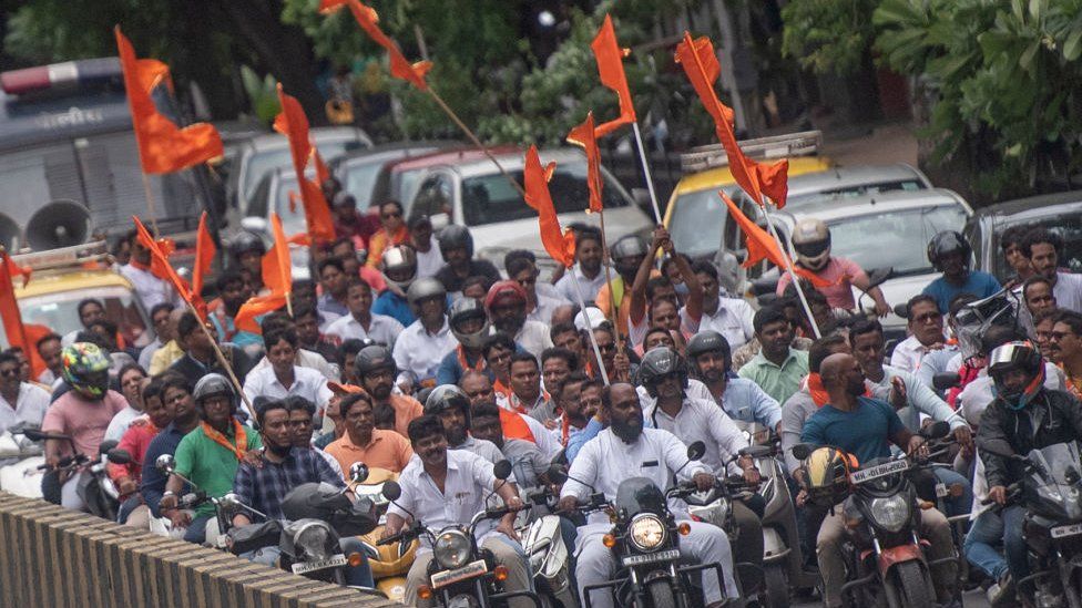 Shiv Sena supporters stage a bike rally in support of Maharashtra Chief Minister Uddhav Thackeray outside Shiv Sena Bhavan, Shivaji Park, Dadar, on June 26, 2022 in Mumbai, India.