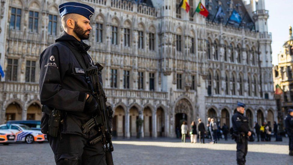 Belgian police officers secure Grand-Place square in Brussels, Belgium,