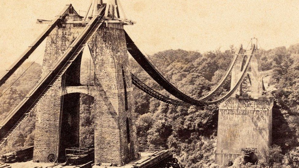 Clifton Suspension Bridge under construction in 1864