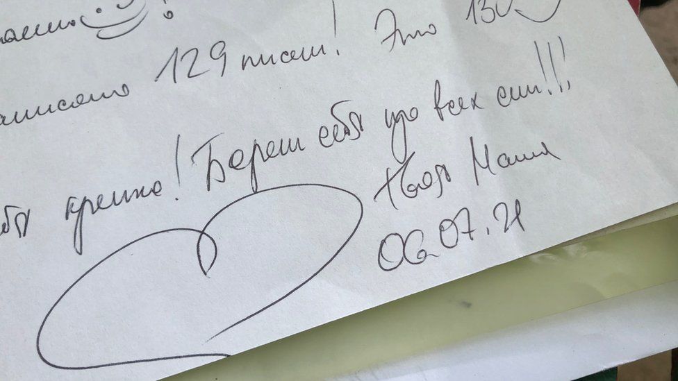 A letter from Maria Kolesnikova with love heart and smiley