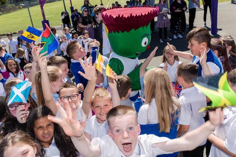 Scotland mascot Clyde with the pupils