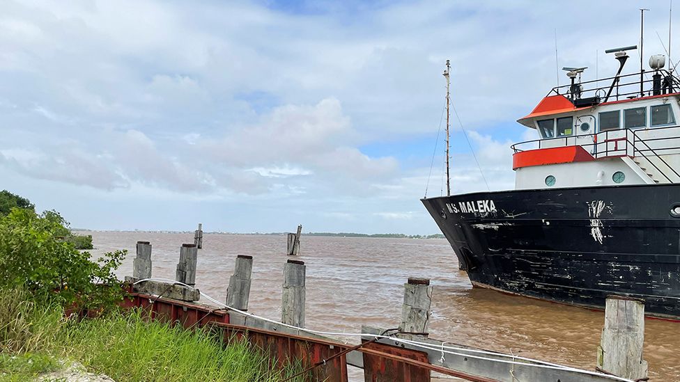 A view of a ship off the coast, at the construction site of a $30 million marine facility by Guyanese builder Gaico Construction and General Services Inc. in Georgetown, Guyana February 14, 2022