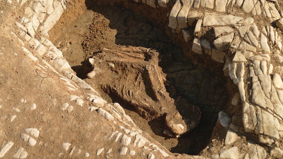 Skeleton in medieval graveyard