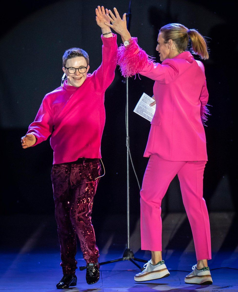 Strictly Come Dancing star George Webster and Gabby Logan on stage during The Awakening at Headingley Stadium in Leeds which celebrates the city's cultural past, present and future at the start of Leeds Year of Culture 2023