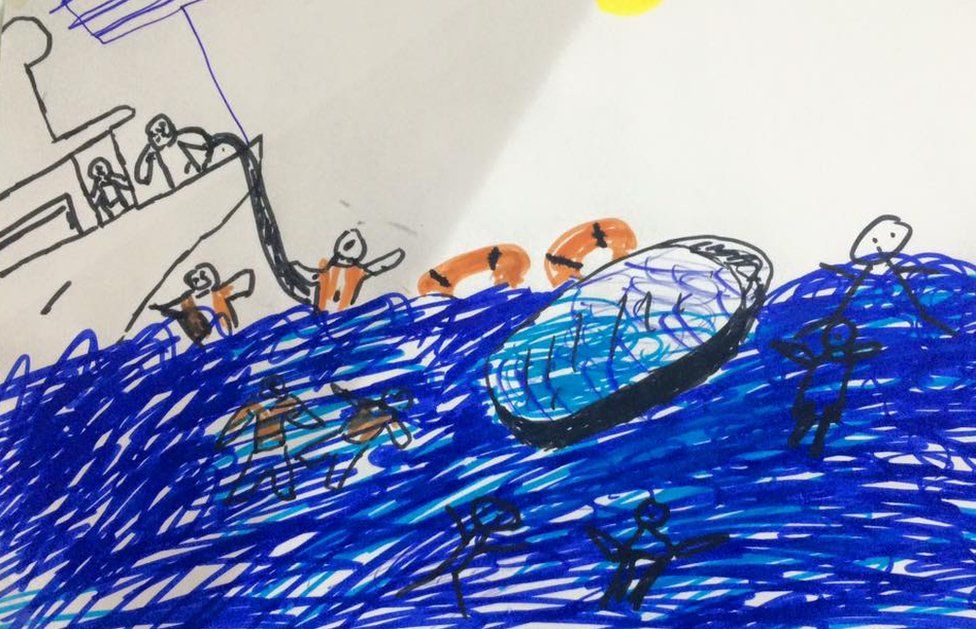 Drawings like this one by a child in a Lesbos migrant camp prompted volunteers to treat their water trauma
