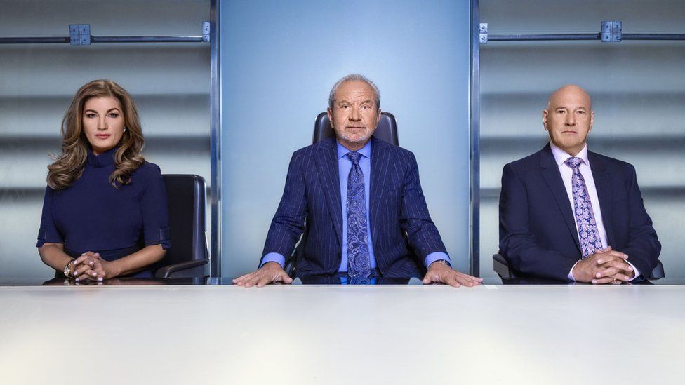 The Apprentice host Alan Sugar in the boardroom with Karen and Claude