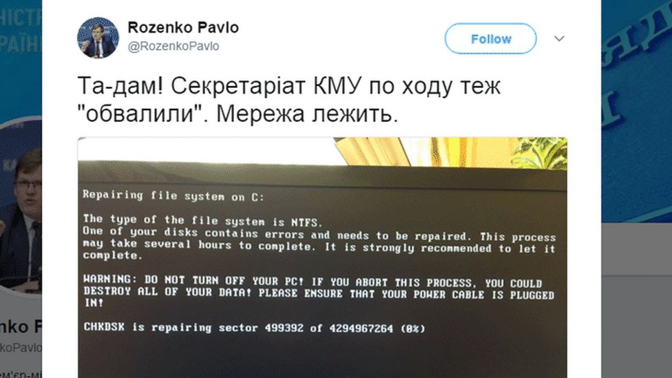 Ukraine's deputy prime minister tweets a photo appearing to show government systems being affected, with the caption "Ta-daaa! Network is down at the Cabinet of Minister's secretariat"