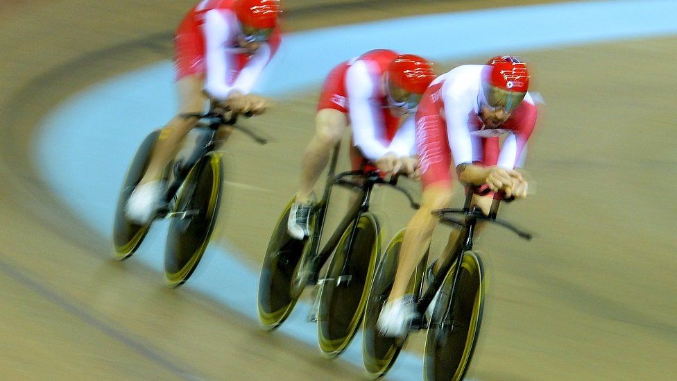 British cyclist Bradley Wiggins leads a training session of the pursuit team at the Sir Chris Hoy Velodrome at the Emirates Arena in Glasgow