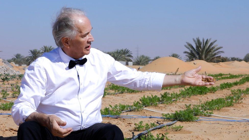 Norwegian man in bow tie in the desert holding clumps of sandy soil in his hand