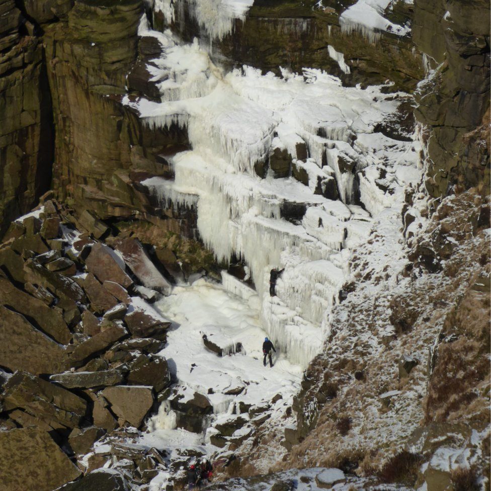 Climbers at Kinder Downfall in High Peak Derbyshire
