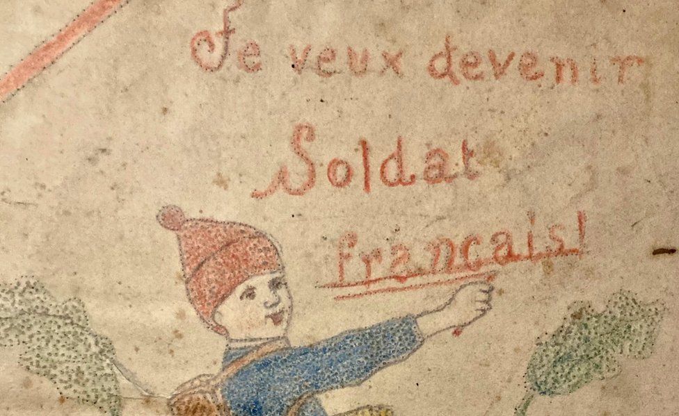 In this early drawing Pierre Probst wrote "I want to become a soldier"