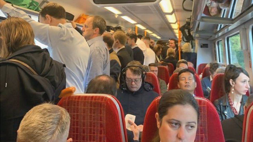 Overcrowded train at Woking