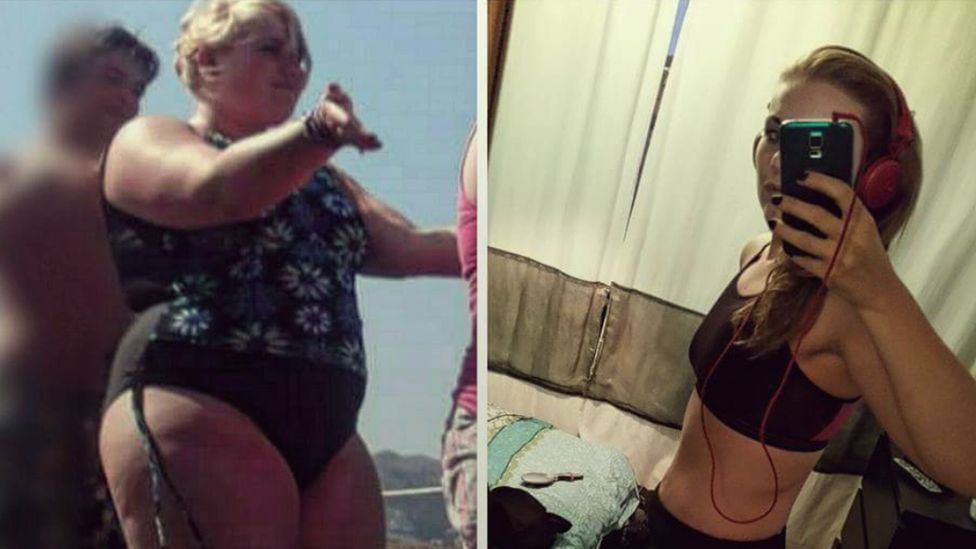 Before and after pictures showing Victoria's weight loss.