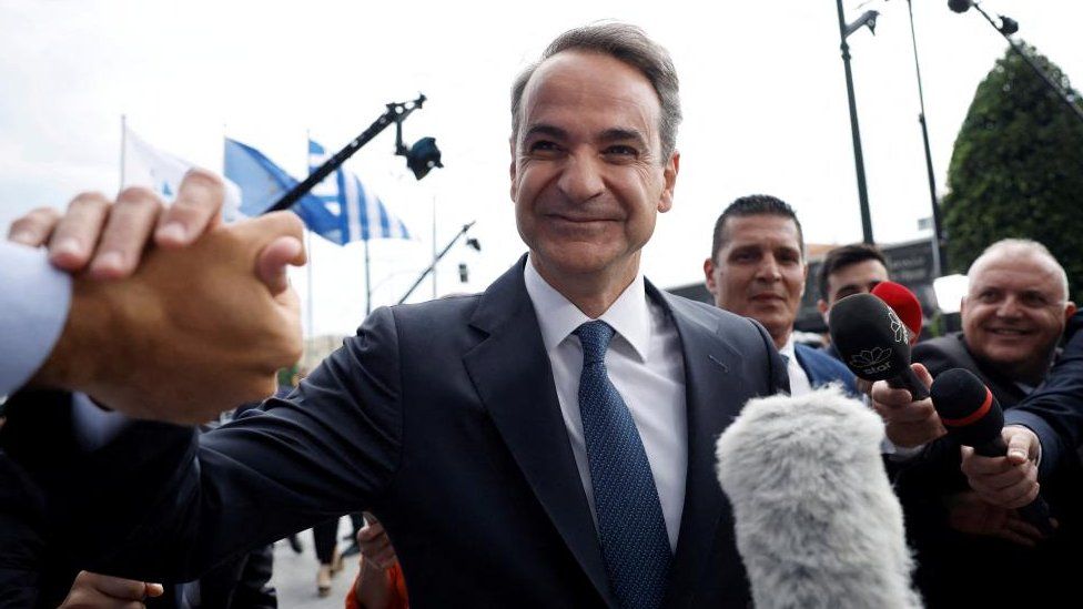 Greek Prime Minister and New Democracy conservative party leader Kyriakos Mitsotakis arrives at the party's headquarters, after the general election, in Athens, Greece, May 21