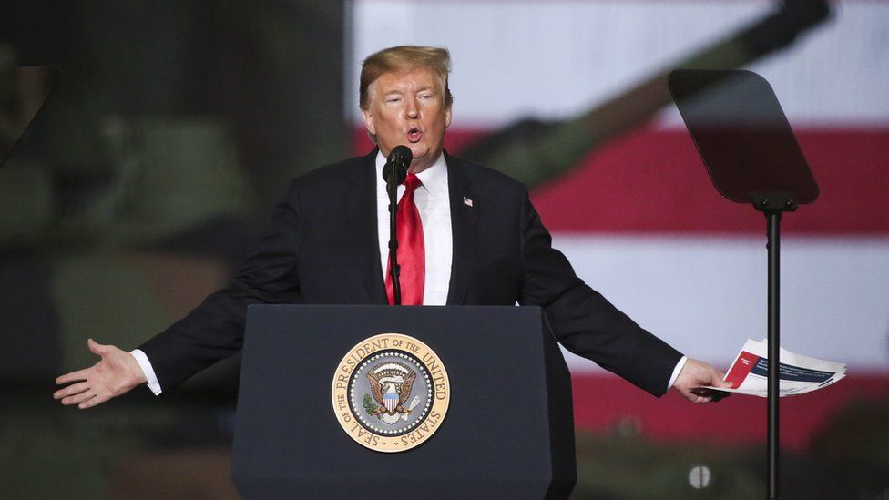 President Donald Trump in a visit to an Ohio tank factory March 2019