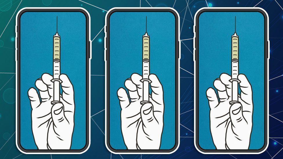 Graphic showing mobile phones, each showing a hand holding a syringe