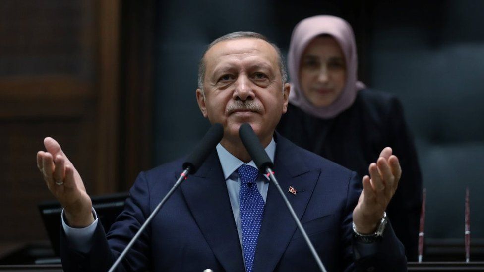 Turkish President Tayyip Erdogan addresses members of his ruling AK Party in Ankara, Turkey
