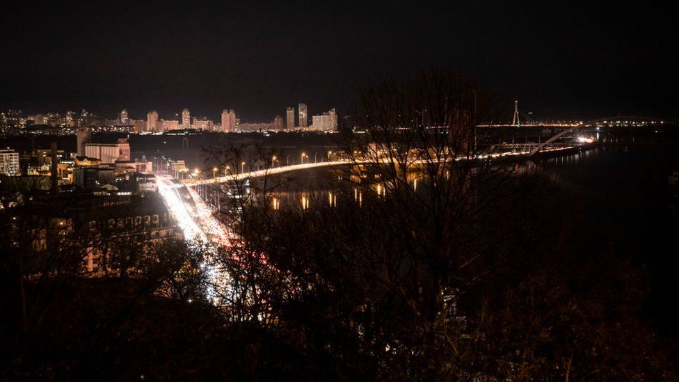 Kyivs city centre in partial darkness , 1 November 2022