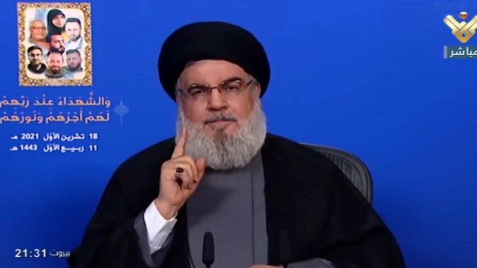 Hezbollah leader Hassan Nasrallah gives a televised speech on 18 October 2021