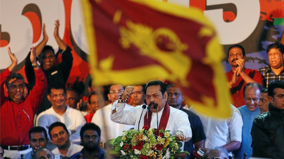 Mahinda Rajapaksa speaks at a rally on November 5 in Colombo, near parliament