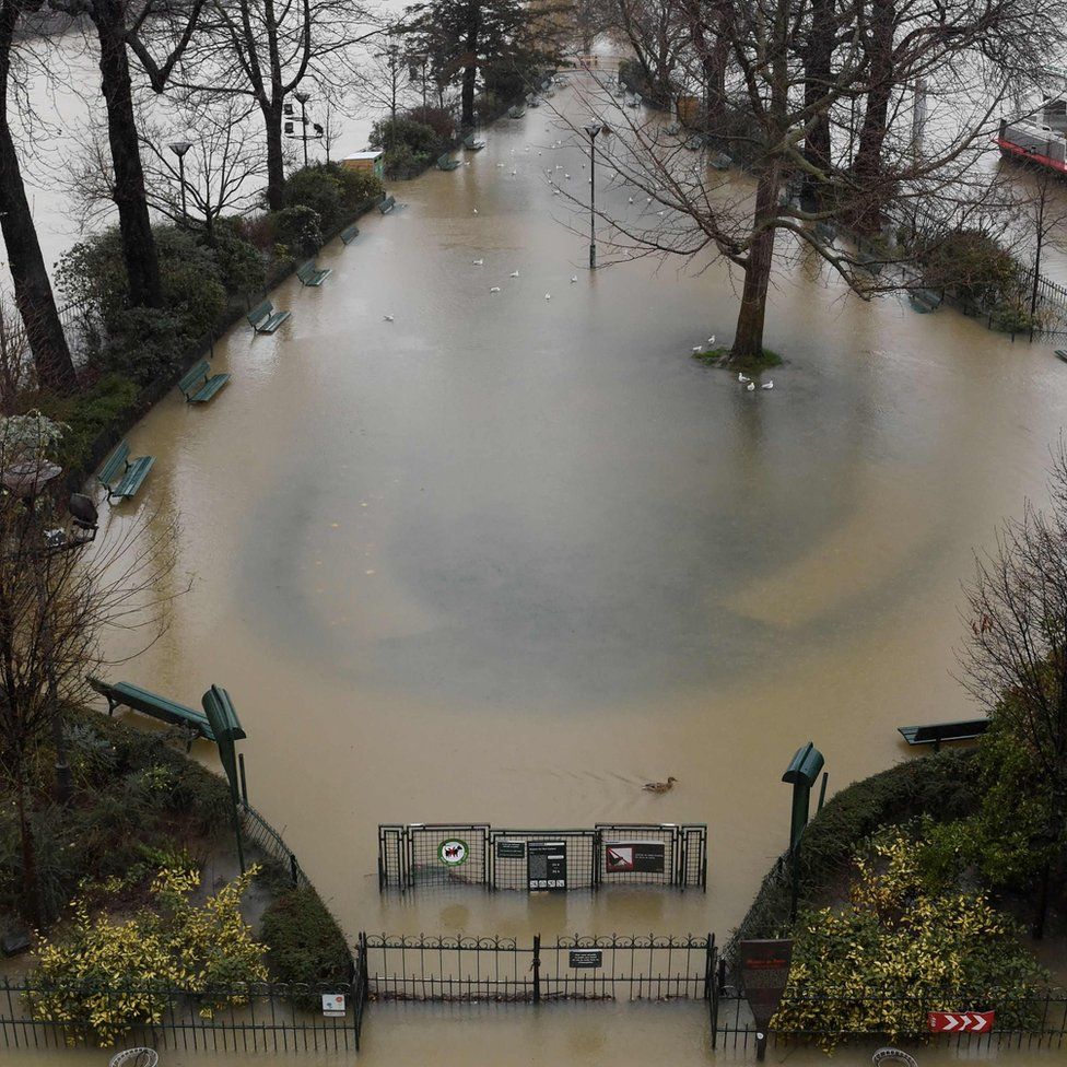 A flooded park on the banks of the Seine river on 22 January 2018