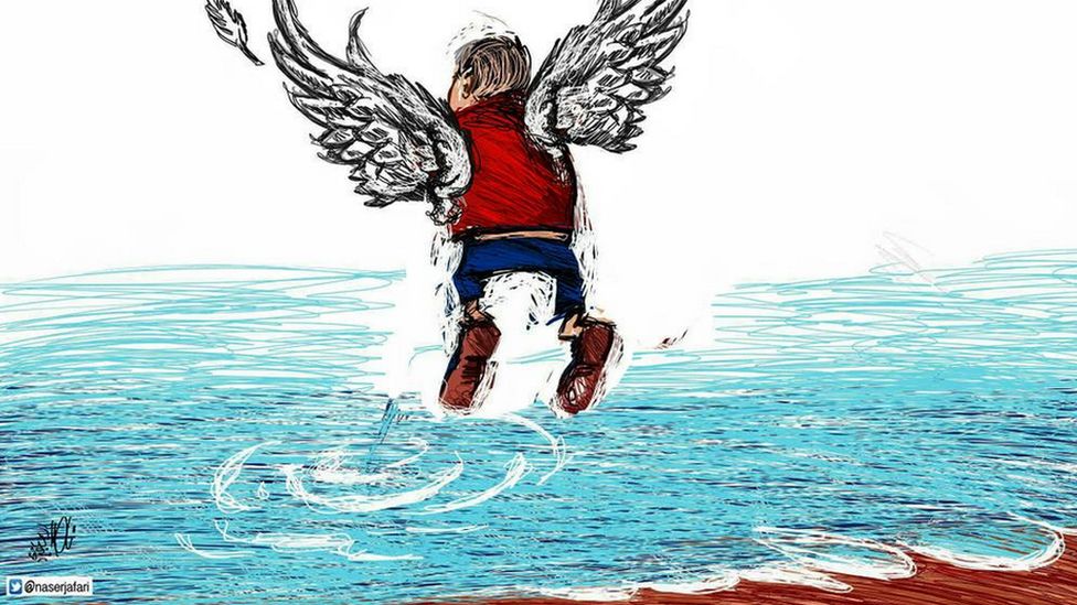 A tweet with an image of 3 year old Aylan Kurdi as an angel
